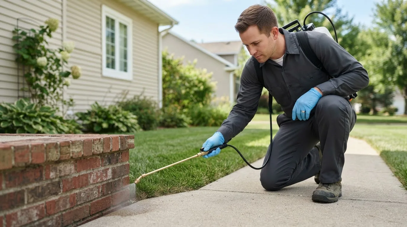 Pest control technician treating a home near Manilla, IN
