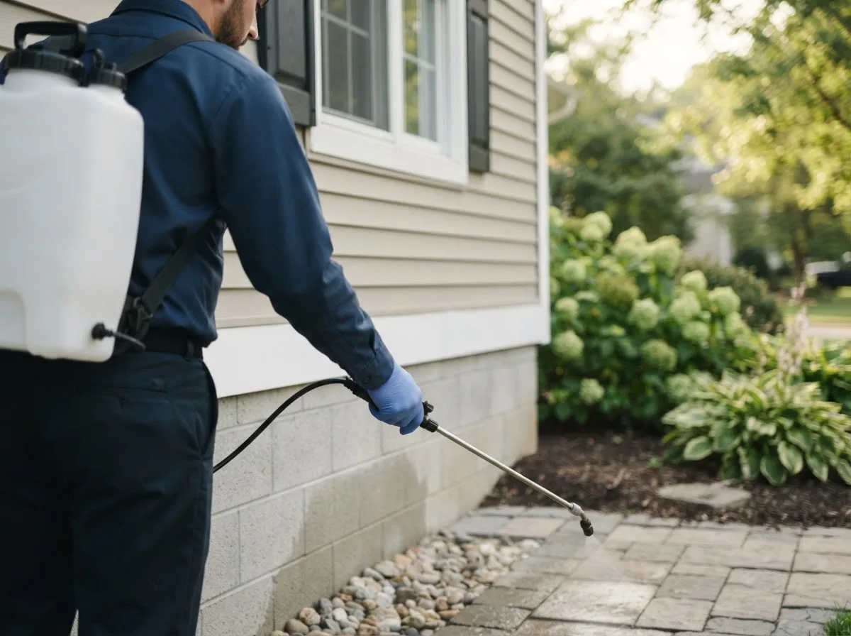 Pest control technician inspecting a home in Manilla, IN